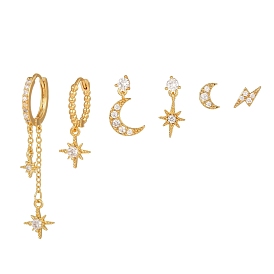 6Pcs 6 Style Clear Cubic Zirconia Moon & Star Asymmetrical Earrings, Brass Dangle Hoop & Stud Earrings for Women