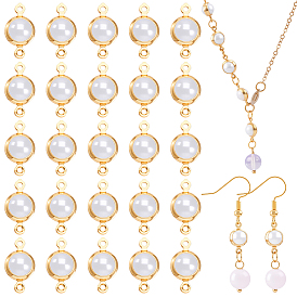 40Pcs Brass ABS Imitation Pearl Connector Charms, Flat Round Links, Creamy White, Long-Lasting Plated, Nickel Free