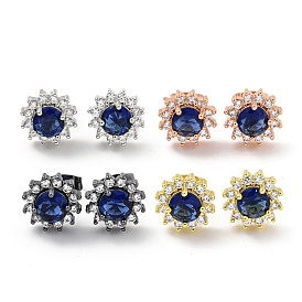 Flower Brass Micro Pave Clear Cubic Zirconia Stud Earrings, with Capri Blue Rhinestone for Women