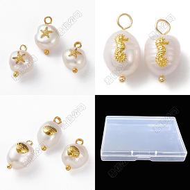 30Pcs 3 Styles Natural Pearl Pendants, with Alloy Cabochons and Brass Loops