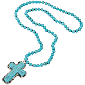 Подвеска-крест из окрашенной синтетической бирюзы, сплава паве 8мм, круглые бусины для женщин, античное серебро
