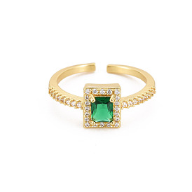 Cubic Zirconia Rectangle Open Cuff Ring, Real 18K Gold Plated Brass Jewelry for Women, Cadmium Free & Lead Free