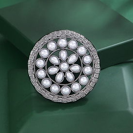 Faddish Alloy Brooch Pins for Women Girl, with Imitation Pearl Beads, Flat Roud with Flower