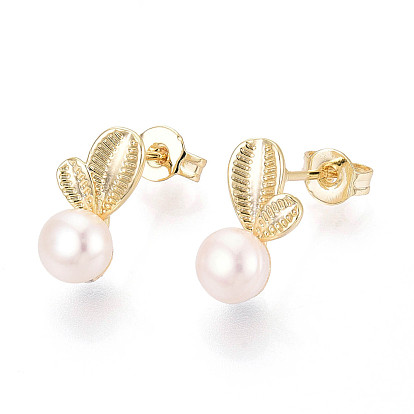 Серьги-гвоздики из латуни и натурального жемчуга, кактус