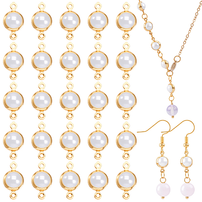 40Pcs Brass ABS Imitation Pearl Connector Charms, Flat Round Links, Creamy White, Long-Lasting Plated, Nickel Free