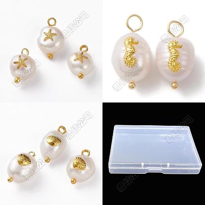 30Pcs 3 Styles Natural Pearl Pendants, with Alloy Cabochons and Brass Loops