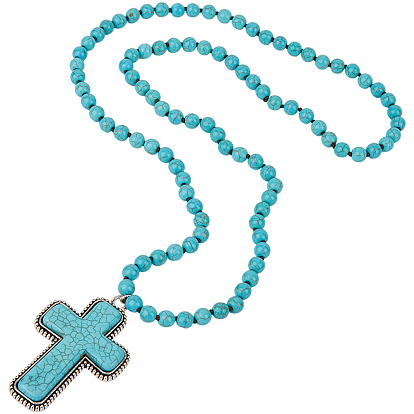 Подвеска-крест из окрашенной синтетической бирюзы, сплава паве 8мм, круглые бусины для женщин, античное серебро