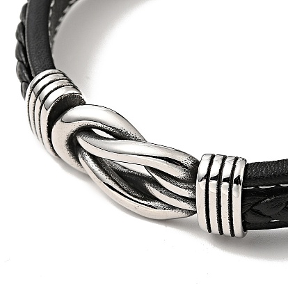 304 Stainless Steel Knot Link Bracelet with Magnetic Clasp, Gothic Bracelet with Microfiber Leather Cord for Men Women