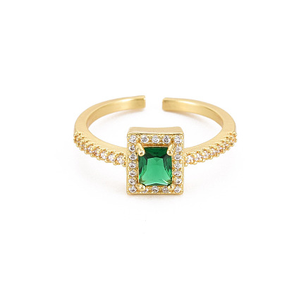 Cubic Zirconia Rectangle Open Cuff Ring, Real 18K Gold Plated Brass Jewelry for Women, Cadmium Free & Lead Free