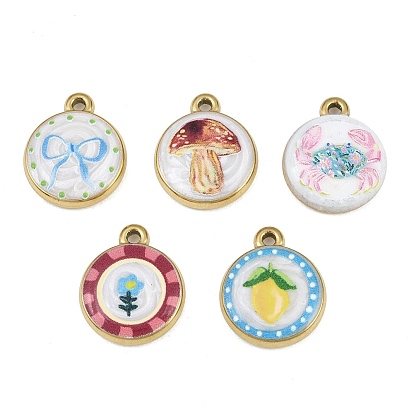 Printed 304 Stainless Steel Enamel Pendants, Flat Round Charms, Ion Plating(IP), Real 18K Gold Plated