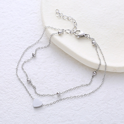 Двухслойные браслеты из нержавеющей стали с цепочкой, браслеты для женщин, круглый и сердце