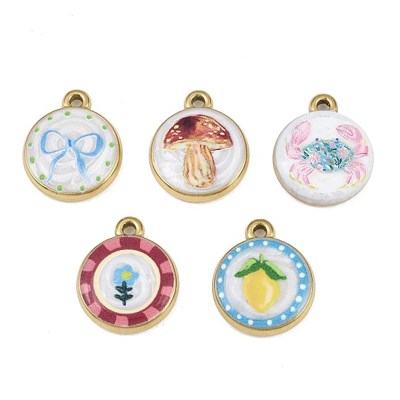 Printed 304 Stainless Steel Enamel Pendants, Flat Round Charms, Ion Plating(IP), Real 18K Gold Plated