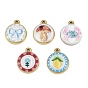 Printed 304 Stainless Steel Enamel Pendants, Flat Round Charms, Ion Plating(IP), Real 18K Gold Plated