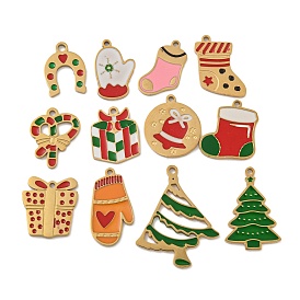 Christmas Theme 304 Stainless Steel Enamel Charms, Real 14K Gold Plated, Tree/Glove/Bell/Box Charm