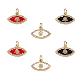 6Pcs 3 Colors Brass Micro Pave Clear Cubic Zirconia Pendants, with Enamel and Jump Rings, Real 18K Gold Plated, Eye