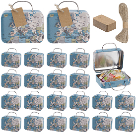 24 шт. Жестяные подарочные коробки для хранения с ручкой и принтом карты, прямоугольные, в комплекте: 24 шт. пустых ценников из крафт-бумаги и 20 м джутового шнура