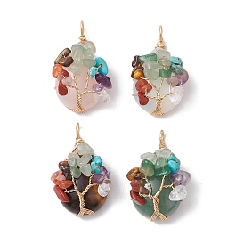 Gemstone Copper Wire Wrapped Teardrop Pendants, Chakra Gems Chip Tree of Life Charms, Golden