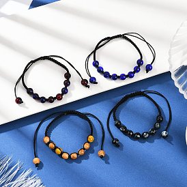 4Pcs 4 Colors Baking Paint Glass Round Beads Braided Bead Bracelets, Nylon Cord Adjustable Bracelets