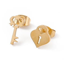 304 Stainless Steel Padlock and Skeleton Key Asymmetrical Earrings, Stud Earrings for Women