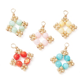 Natural Dyed Freshwater Shell Pendants, Rhombus Charms with Golden Plated Brass Round Spacer Beads