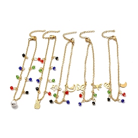 Perles de verre colorées et 304 bracelet de cheville à breloques en acier inoxydable avec chaînes forçat pour femme, or