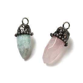 Gemstone Pointed Pendants, Faceted Bullet Shaped Charms with Antique Silver Tone Brass Findings