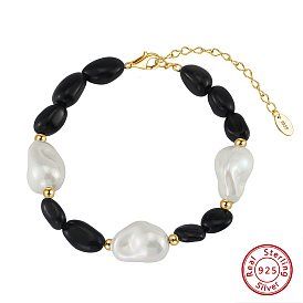 Natural Black Obsidian & Baroque Shell Pearl Beaded Bracelets, Adjustable 925 Sterling Silver Clasps Bracelets