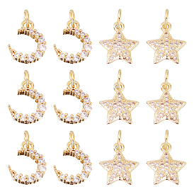 Nbeads 12Pcs 2 Styles Brass Micro Pave Clear Cubic Zirconia Charms, with Jump Rings, Moon & Star