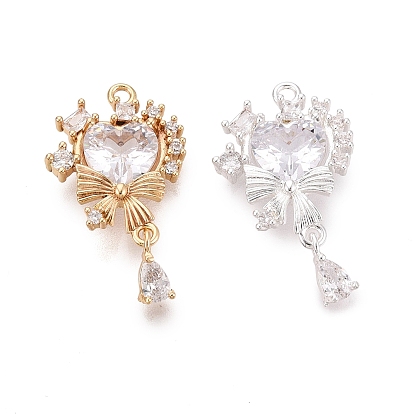 Подвески из латуни с микро-паве ко Дню святого Валентина, прозрачные циркониевые подвески, сердечко с подвесками-бантиками