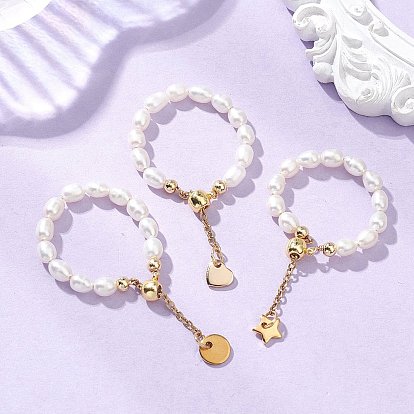 3шт. 3 стили: кольца на палец из натурального культивированного пресноводного жемчуга с бусинами, эластичные., с 304/201 прелестей из нержавеющей стали