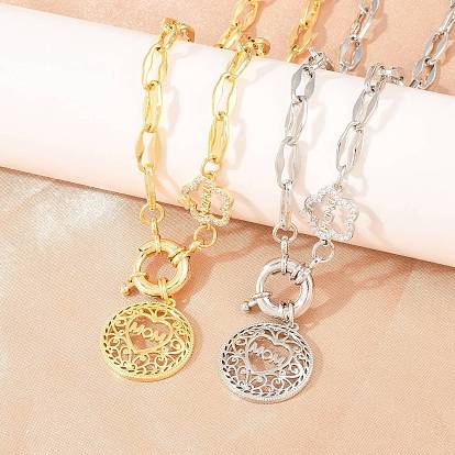 Подвеска-колье ко Дню матери из латуни с микропаве из прозрачного кубического циркония, полая, плоская, круглая, с сердечком., без кадмия и без свинца, долговечный, стойки покрытие