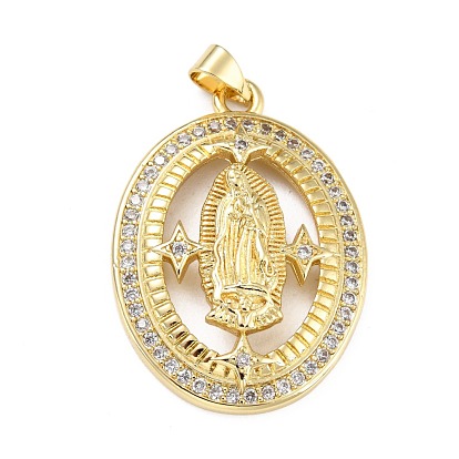 Brass Micro Pave Clear Cubic Zirconia Pendants, Oval with Virgin Mary