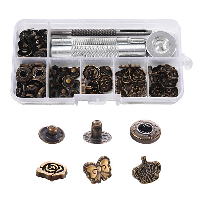 18 Sets Crown & Bowknot & Rose Flower Brass Leather Snap Buttons Fastener Kits, Including 1 Set 45# Steel Hole Punch Tool, 1Pc 45# Steel Round Base