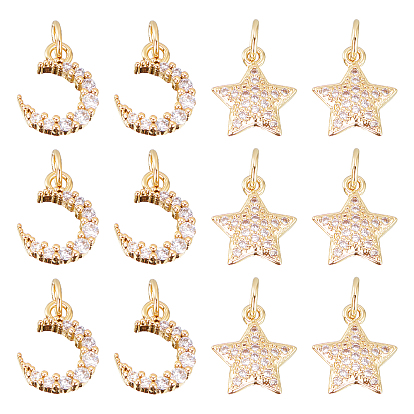 12 piezas 2 estilos de dijes de circonita cúbica transparente con micro pavé de latón, con anillos de salto, la luna y las estrellas