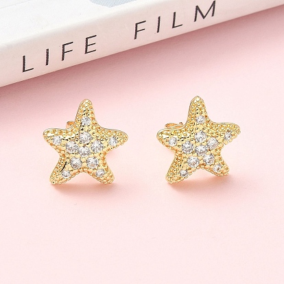 Серьги-гвоздики из латуни с микропаве из прозрачных кубических цирконий в виде морских звезд, стойки покрытие, без кадмия и без свинца