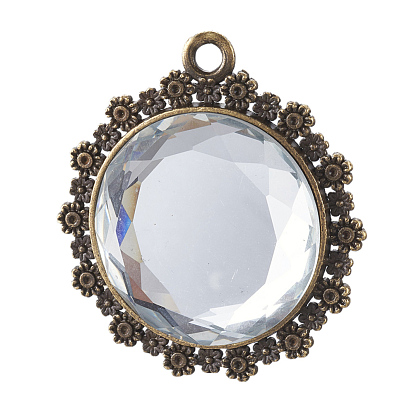 Alloy Glass Pendants, Faceted, Nickel Free, Flat Round with Flower