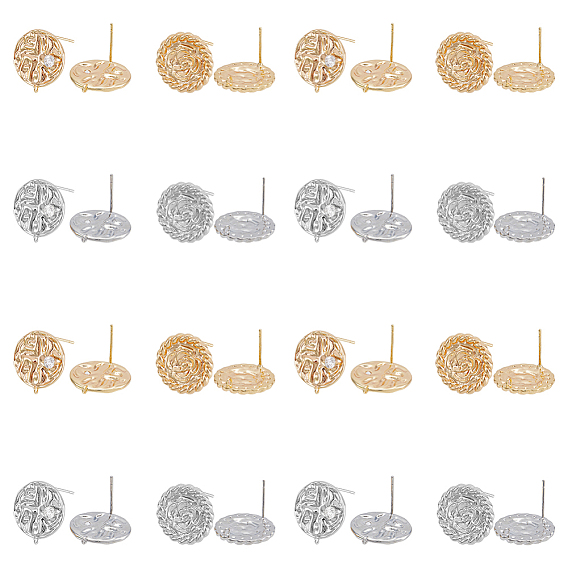 8 шт. 4 стиль плоские круглые с цветком латунные микро паве прозрачные кубические цирконии серьги-гвоздики фурнитура, с вертикальными петлями, без никеля 