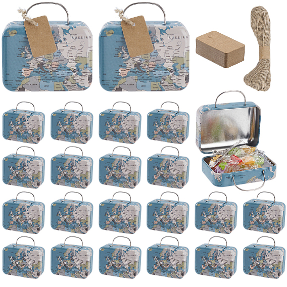 24 шт. Жестяные подарочные коробки для хранения с ручкой и принтом карты, прямоугольные, в комплекте: 24 шт. пустых ценников из крафт-бумаги и 20 м джутового шнура