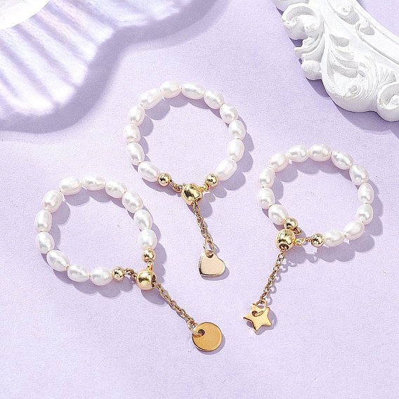 3шт. 3 стили: кольца на палец из натурального культивированного пресноводного жемчуга с бусинами, эластичные., с 304/201 прелестей из нержавеющей стали