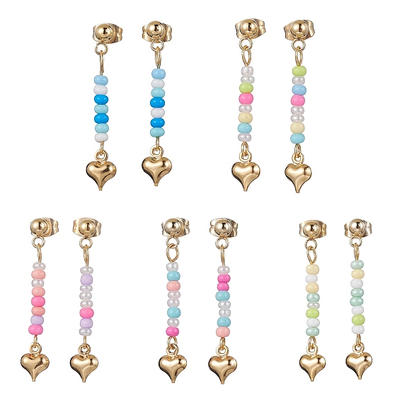 Golden 304 Stainless Steel Heart Dangle Stud Earrings, with Glass Seed Beaded