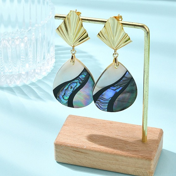 Brass Dangle Earrings, Teardrop, with Natural Paua Shell Pendants