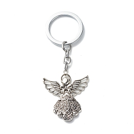 Tibetan Style Alloy Pendants Keychains, with Alloy Split Key Rings and Iron Open Jump Rings, Angel