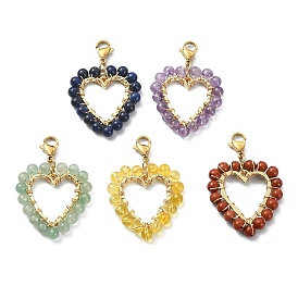 Wire Wrapping Natural Gemstone Heart Pendant Decorations with 304 Stainless Steel Lobster Claw Clasps