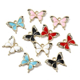 Rack Plating Alloy Enamel Pendants, with Rhinestone, Nickel Free, Butterfly Charm, Golden