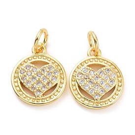 Brass Micro Pave Cubic Zirconia Charms, with Jump Rings, Long-Lasting Plated, Cadmium Free & Lead Free, Light Gold, Flat Round with Heart