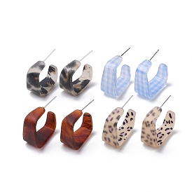 Cellulose Acetate(Resin) Rectangle Stud Earrings, 304 Stainless Steel Half Hoop Earrings for Women