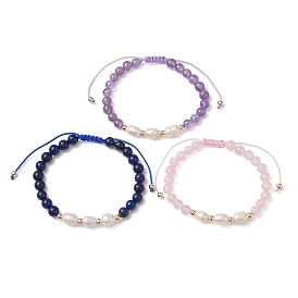 Natural Mixed Gemstone & Pearl Braided Bead Bracelets, Adjustable Bracelet