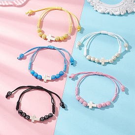 Браслет из синтетических бирюзовых бусин и круглых акриловых бусин, соединенных между собой., Регулируемый плетеный корейский браслет из вощеного полиэстера для женщин и мужчин
