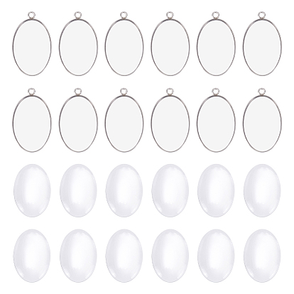 16шт 304 подвеска из нержавеющей стали с кабошоном, чашки безель с краями, овальные, с 16 стеклянными кабошонами