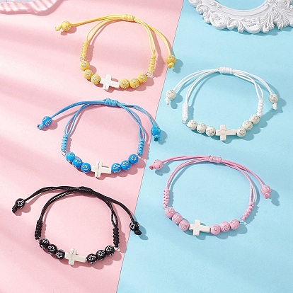 Браслет из синтетических бирюзовых бусин и круглых акриловых бусин, соединенных между собой., Регулируемый плетеный корейский браслет из вощеного полиэстера для женщин и мужчин